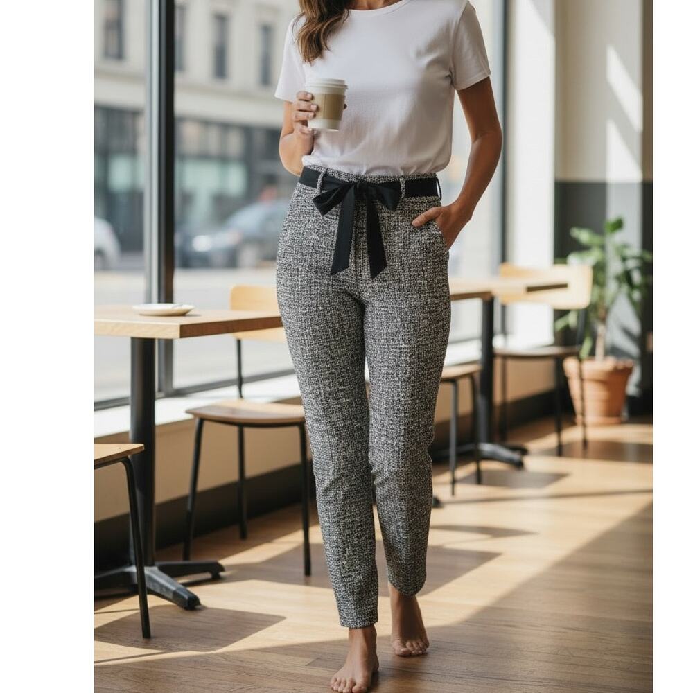 Jules & Leopold Pull On Slim Leg Ankle Pants Belted Black White Tweed Medium NWT